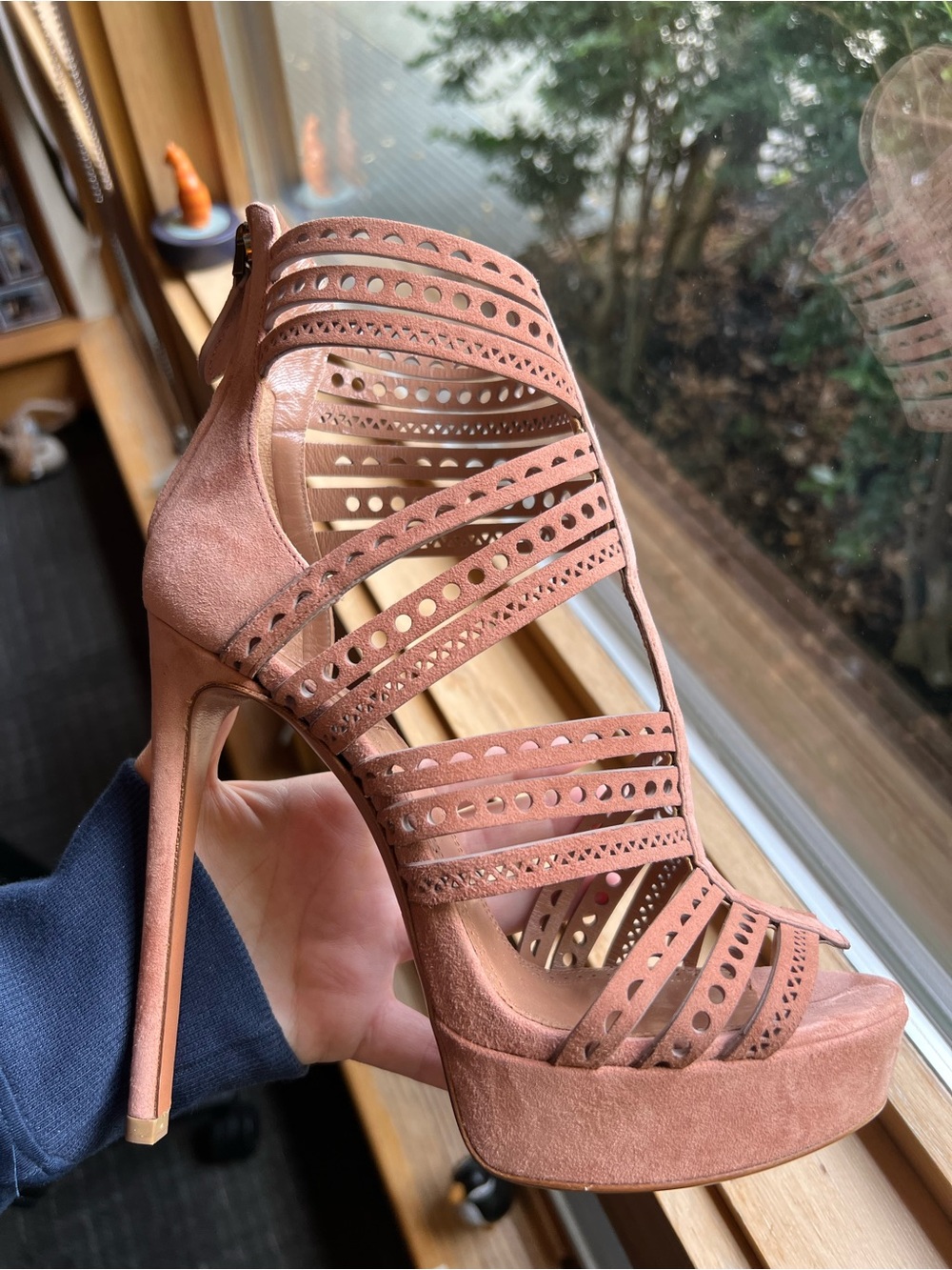 Alaia Rose Pink Perforated Strappy Platform Stiletto Heels